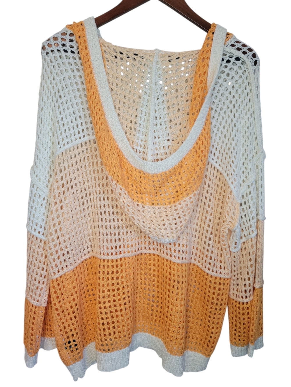 POL Oversized Open Knit Hooded Sweater Small Colorblock Boho Beach Cover Up Top - Picture 6 of 10